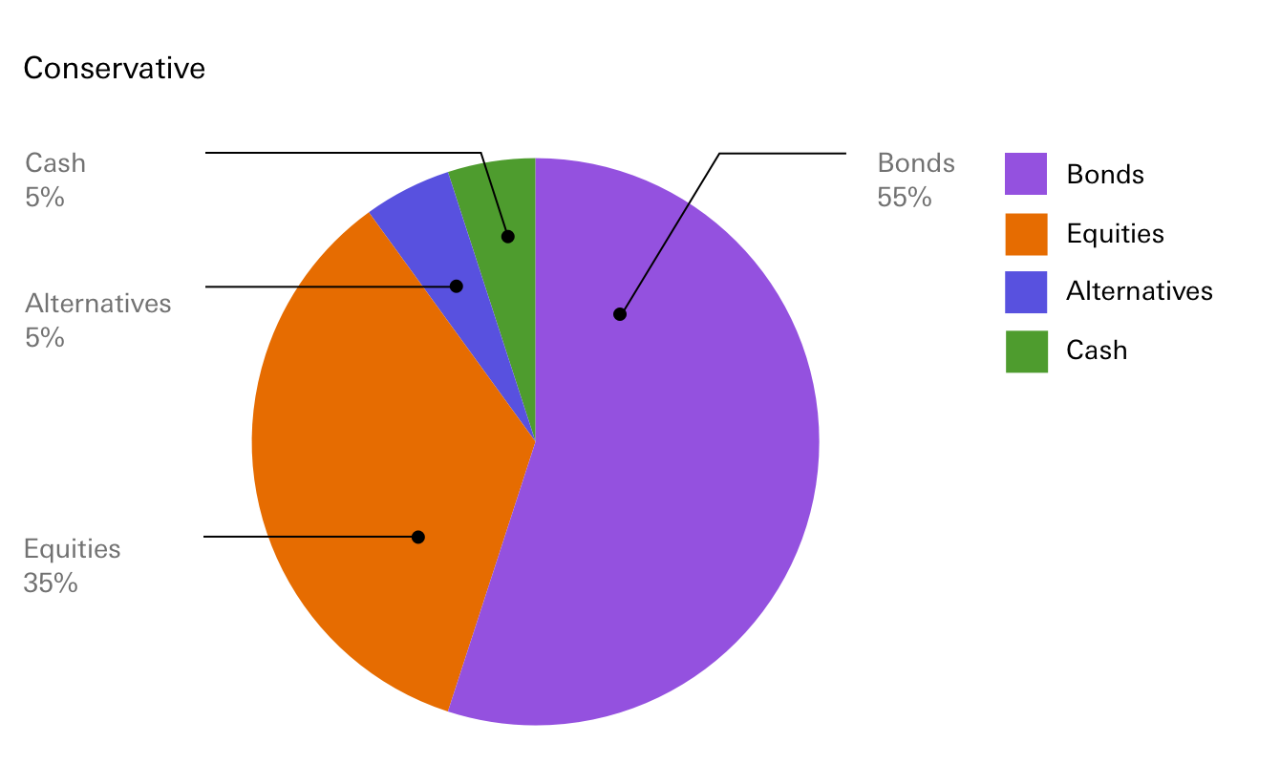 Bonds 55%, Equities 35%, Alternatives 5% and Cash 5%.